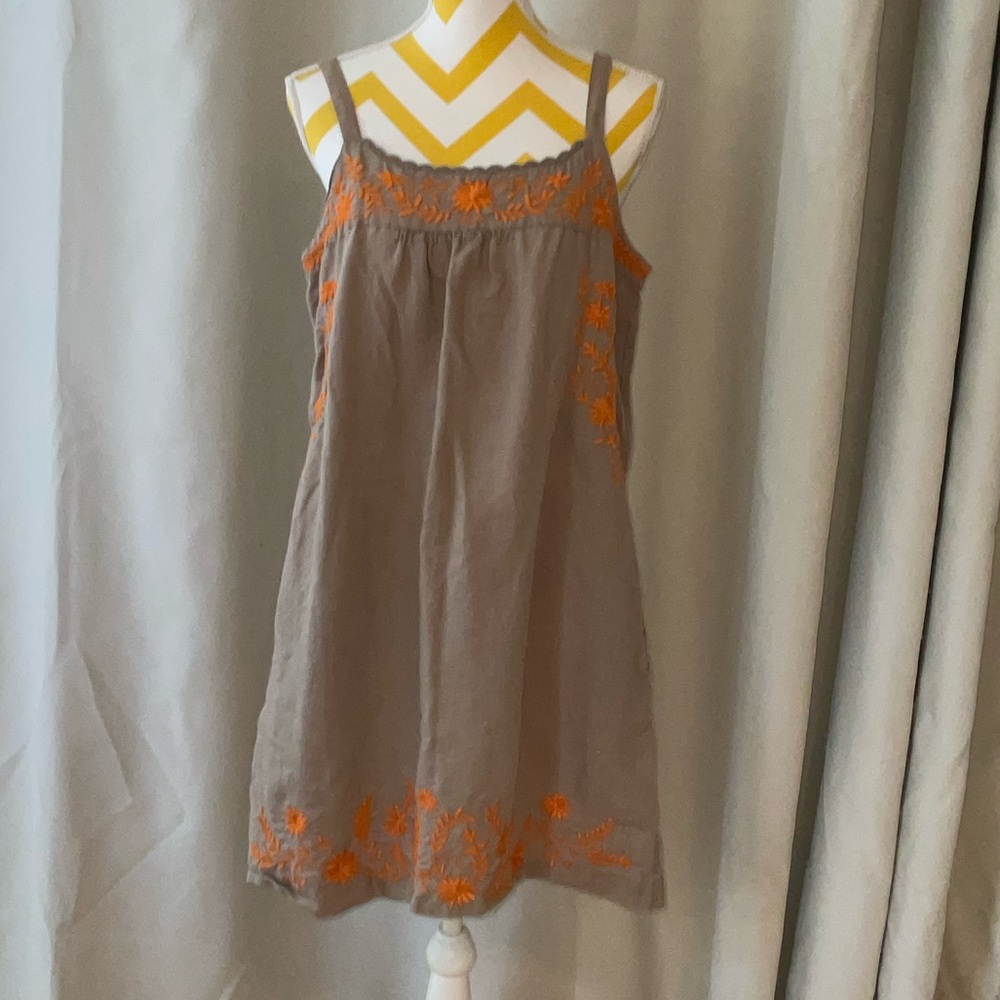 Lucky Brand Tan Linen Dress with Orange Floral Embroidered Design